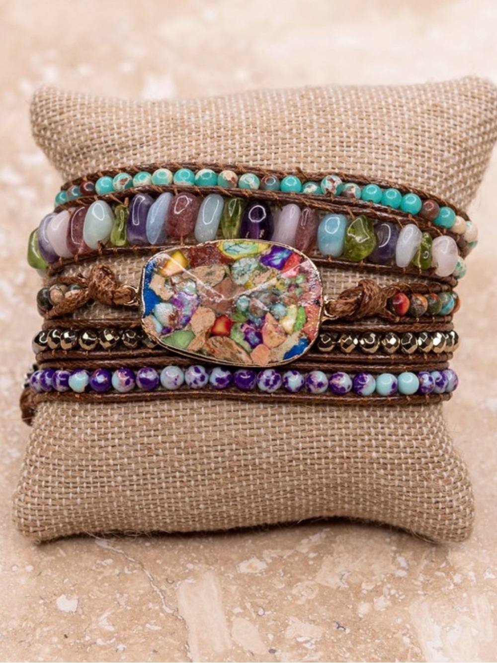 Multicolor Mosaic Stone Wrap Bracelet - Boho Layered Women’s Bracelet